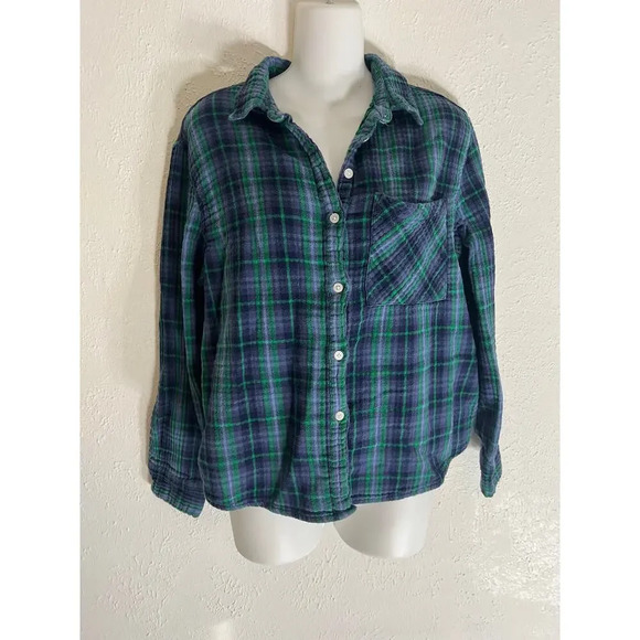 Aerie Shirt Womens Size Medium Green Blue Plaid Button Down Front Pocket - Picture 1 of 9